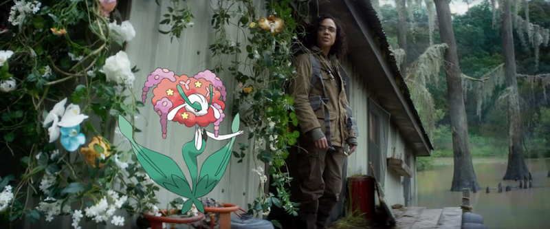 From left to right: Florges, a Pokémon resembling a humanoid bouquet of flowers, and Tessa Thompson as physicist Josie Radek in Annihilation.
